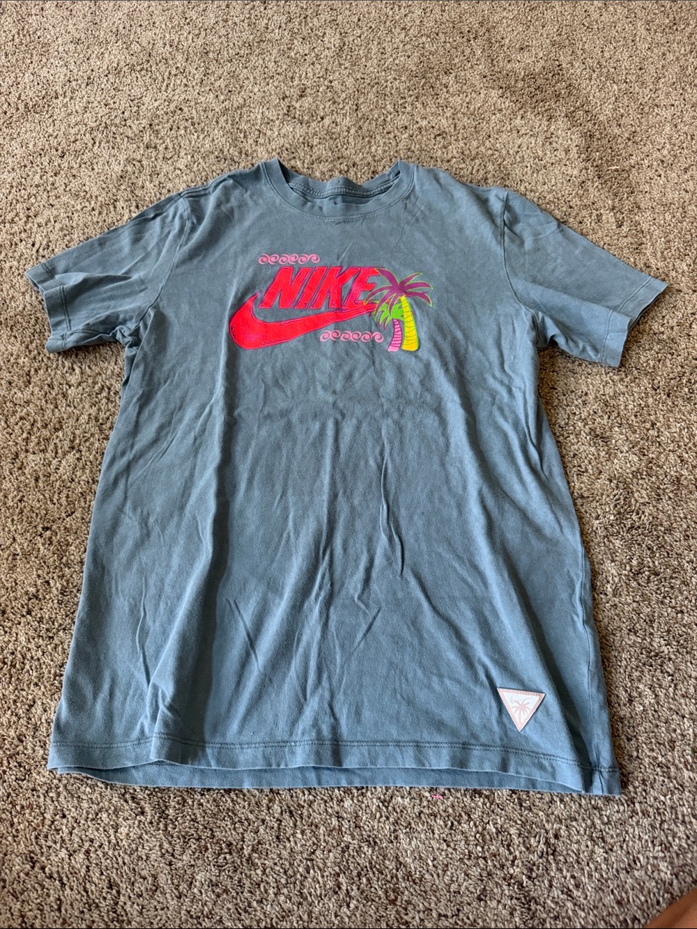 Nike Short-Sleeve Blue T-Shirt with Neon Logo and Palm